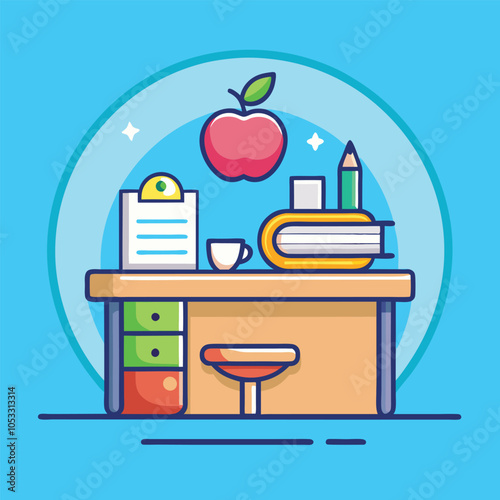 A cartoon illustration of a tidy desk with a red apple, a pencil, books, and a cup of coffee.