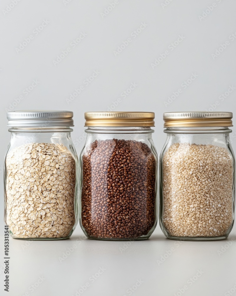 Assorted Whole Grains in Glass Jars for Healthy Eating Assorted Whole Grains in Glass Jars for Healthy Eating