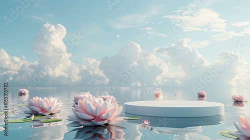 podium display product in water and lotus flowers with sky background 