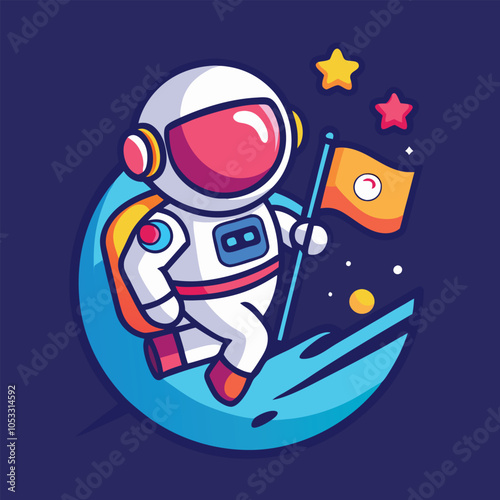 Cute astronaut illustration with a flag on the moon
