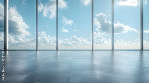 Sky View Through Large Windows   Modern Office Interior with Floor