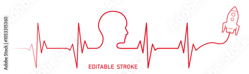 Editable red line, human people head, spaceship rocket line art vector. Heart rhythm ekg vector design to use for healthy lifestyle, diet, weight loss strategy concept illustration projects. 