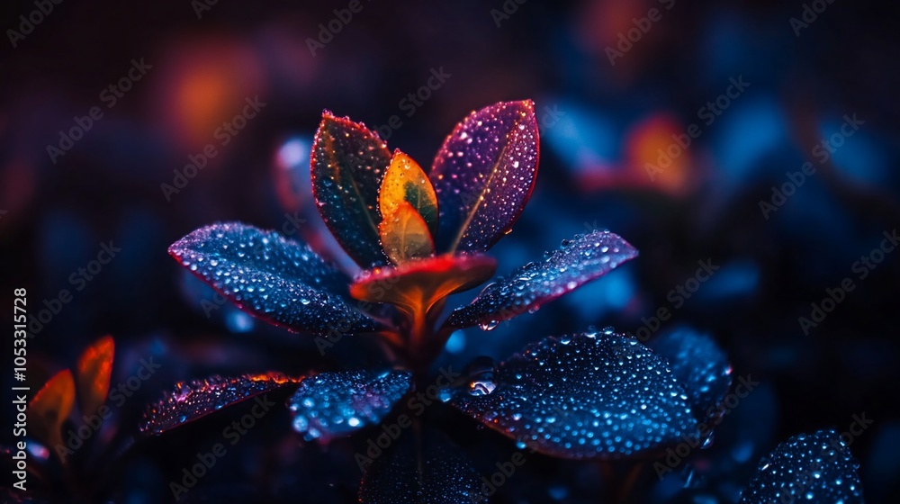 Close-up of vibrant green, yellow, and red leaves with dew drops in the early morning light.