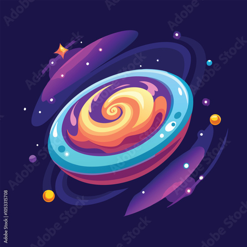 Colorful abstract galaxy design with swirling yellow, purple, and blue. 