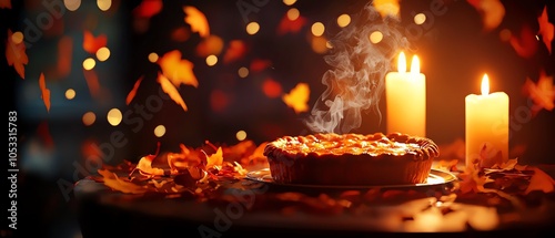 A warm, inviting dessert scene featuring a fresh pie surrounded by colorful autumn leaves and flickering candles, creating a cozy atmosphere with soft, smoky aromas.