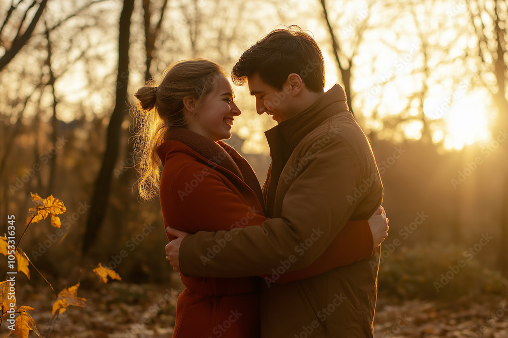 Fototapeta premium A young couple embraces tenderly in an autumn forest, surrounded by golden leaves. The atmosphere exudes warmth and romance, capturing a moment of seasonal love and connection.