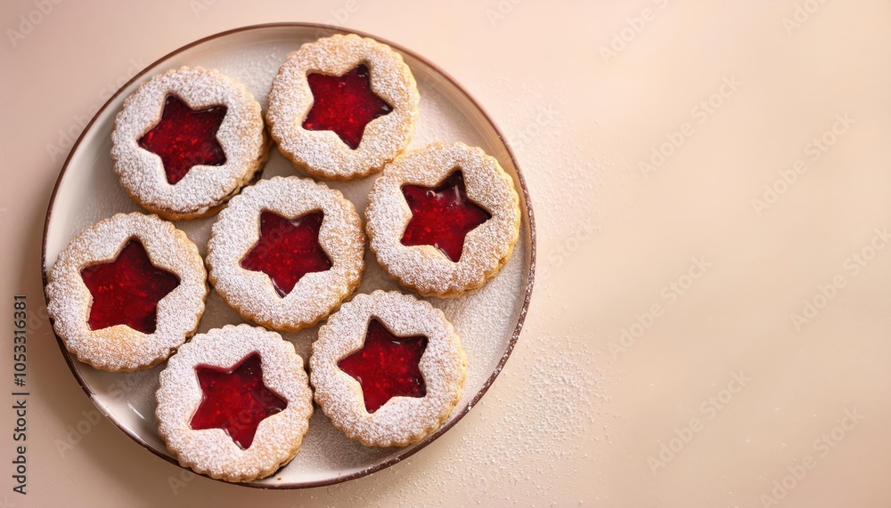 Homemade Linzer Star Cookies with Raspberry Jam Filling and Powdered Sugar Dusting on Rustic Ceramic Plate. Perfect Holiday Treats for Festive Gatherings, Dessert Displays, Seasonal Recipe Inspiration Homemade Linzer Star Cookies with Raspberry Jam Filling and Powdered Sugar Dusting on Rustic Ceramic Plate. Perfect Holiday Treats for Festive Gatherings, Dessert Displays, Seasonal Recipe Inspiration