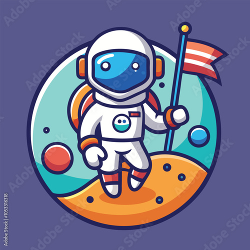 Cute cartoon astronaut standing on a planet with a flag planted in the ground.