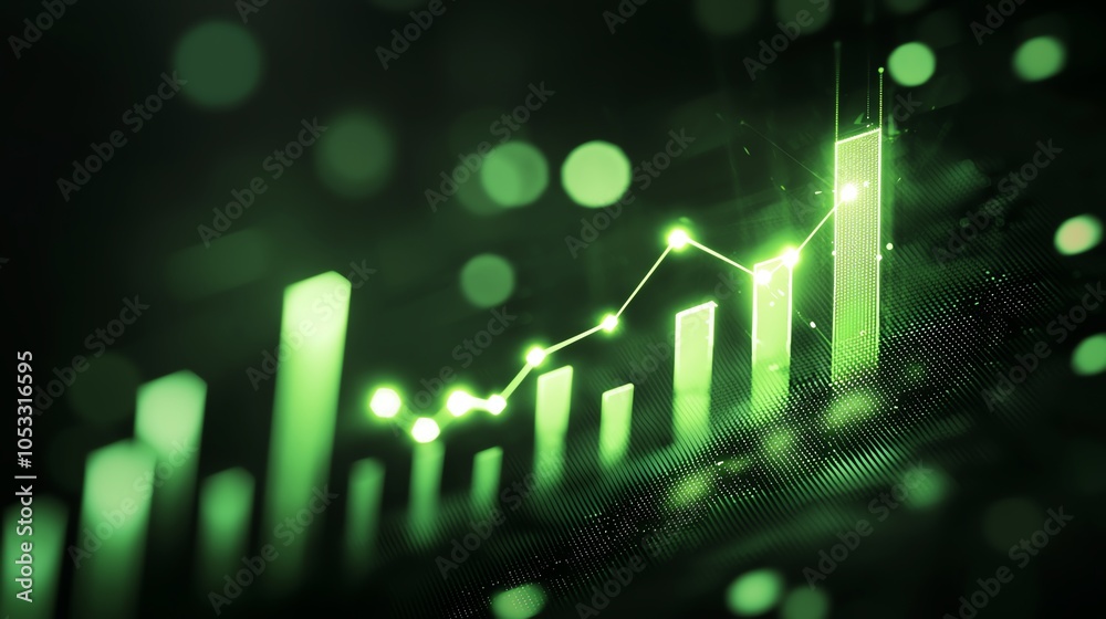 Abstract representation of financial growth with green bars increasing, surrounded by a soft-focus green background, symbolizing prosperity and success in the market.