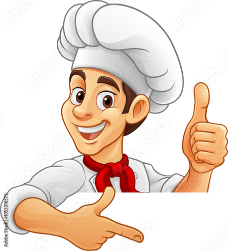 A chef, baker or cook cartoon mascot man giving a thumbs up, peeking around a sign and pointing at it.