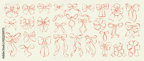 Set of bows and ribbons. Outline decorative sketches holiday bows for gifts, surprise, or hair decor. Line art hand-drawn vector illustration for Christmas, Valentine Day, birthday cards, invitations.