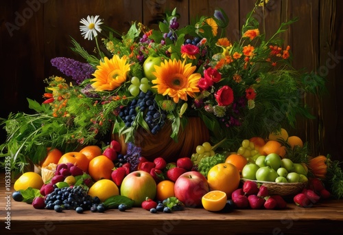 vibrant lush feast arrangement rich textured backdrop featuring colorful natural elements exceptional visual appeal, banquet, beauty, culinary, decor