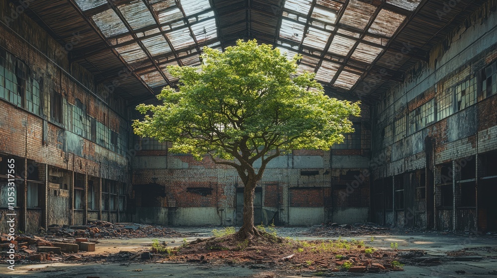 Naklejka premium Life Emerging from Ruins: A Tree Grows Inside an Abandoned Factory