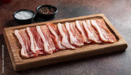 Gourmet raw bacon slices with seasonings on wooden board. Natural and tasty product. Fresh meat.