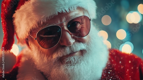 Santa Claus with glasses and a white beard, looking at the camera