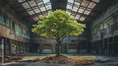 Life Emerging from Ruins: A Tree Grows Inside an Abandoned Factory