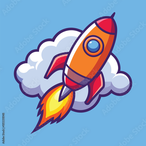 A cartoon rocket blasts off into the sky, leaving a trail of fire and smoke. It's a fun and exciting image that represents the joy of exploration and adventure.