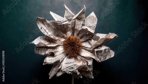 Fragile Bloom. Symbolic Newspaper Flower Illustrating Media Waste and Environmental Impact, Perfect for Concepts on Sustainability, Information Overload, and Climate Awareness in Stock Imagery photo