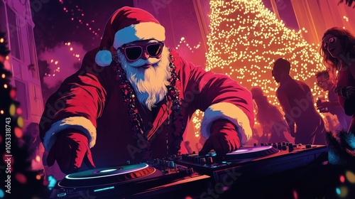 Santa Claus wearing sunglasses and playng at an electric Christmas party. photo