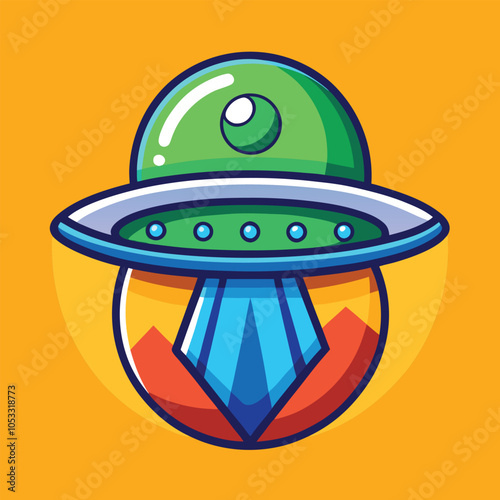 A cartoon illustration of a green and blue spaceship hovering over a planet.