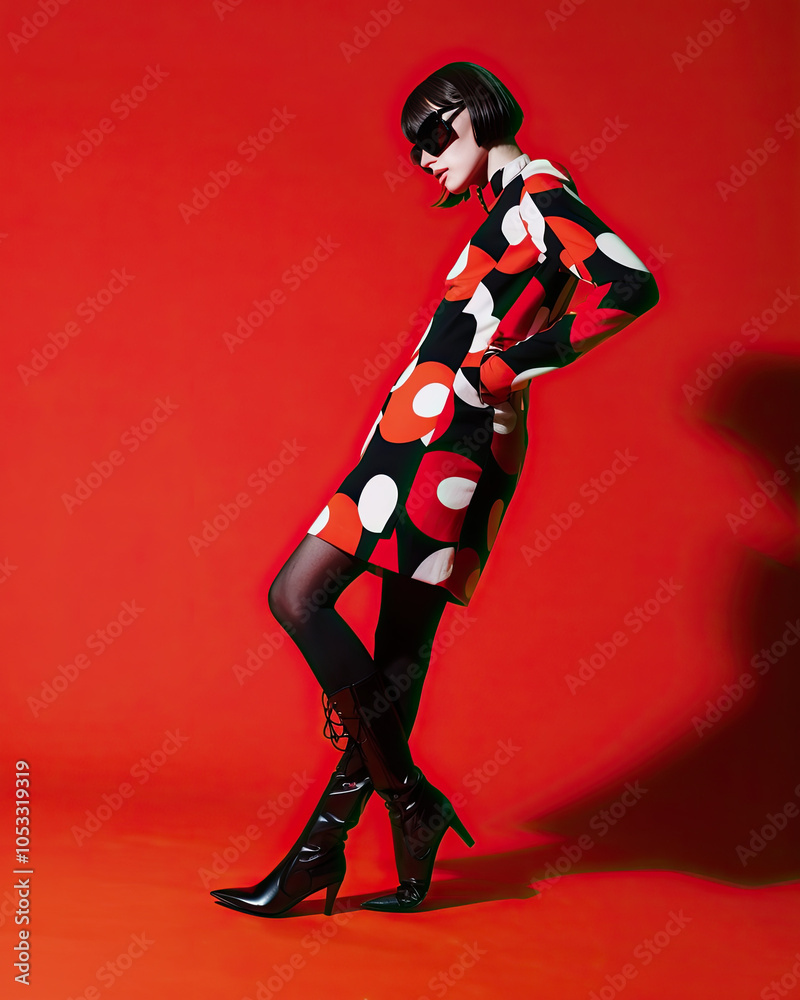 1960s Mod Fashion Editorial with Geometric Mini Dress and Knee-High Boots