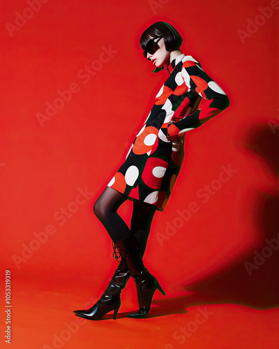 Obraz na płótnie 1960s Mod Fashion Editorial with Geometric Mini Dress and Knee-High Boots w salonie