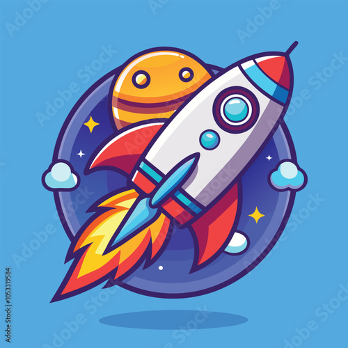 A cartoon rocket blasts off into space, leaving a trail of fire behind it. The rocket is surrounded by stars and a planet.