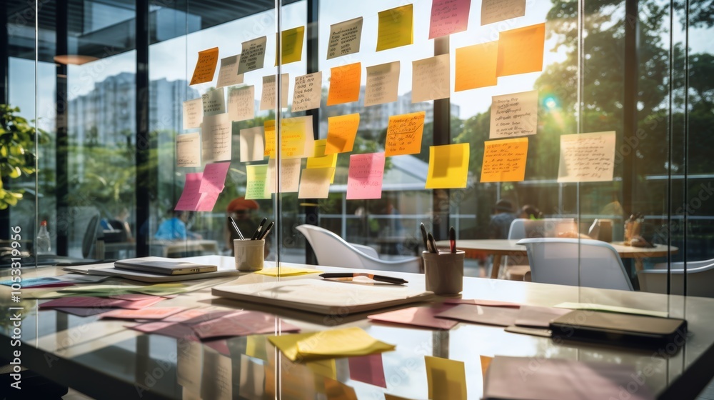 A creative brainstorming session with sticky notes and sketches on a glass table, A creative brainstorming session with sticky notes and sketches on a glass table,