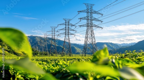 Power transmission lines amidst lush green landscape under clear blue sky