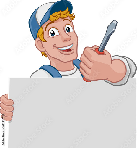 An electrician handyman or other construction cartoon mascot man holding a screwdriver tool.