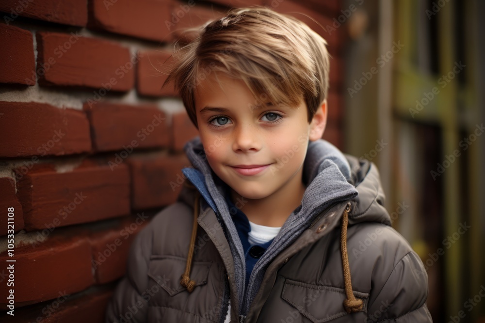 Portrait of a cute little boy in a winter jacket against a brick wall. Portrait of a cute little boy in a winter jacket against a brick wall.