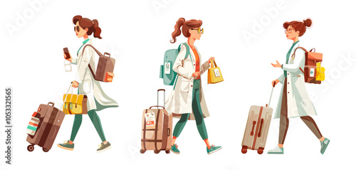 Traveling medic woman cartoon vector scenes. Female white coat glasses bag badge valise airport baggage paramedic aid expert journey travel departure aircraft voyage isolated illustrations