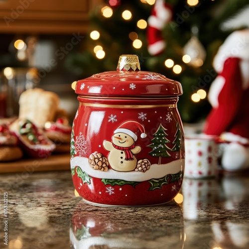 Festive Cookie Jar on Kitchen Counter with Holiday Decor