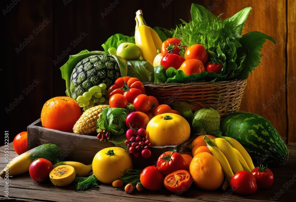 colorful arrangement vibrant fruits vegetables displays feast eyes wooden table, healthy, fresh, organic, assortment, food, harvest, produce, exotic, yellow