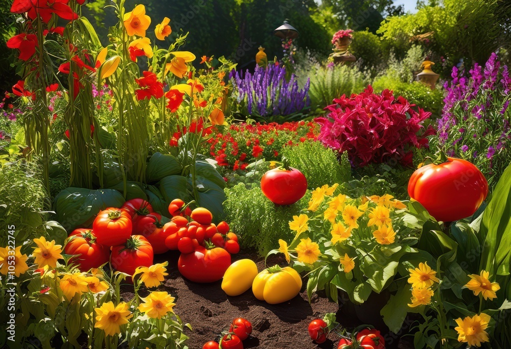 Fototapeta premium whimsical garden setting floating vegetables amidst vibrant flora lush greenery, carrots, tomatoes, peppers, lettuce, cucumbers, herbs, organic, fresh