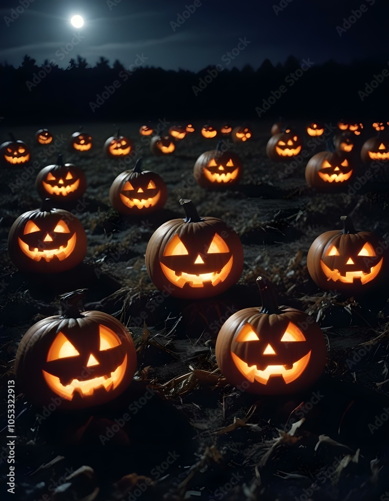 Halloween jack-o-lantern pumpkins on a spooky dark field in the night, halloween background wallpaper