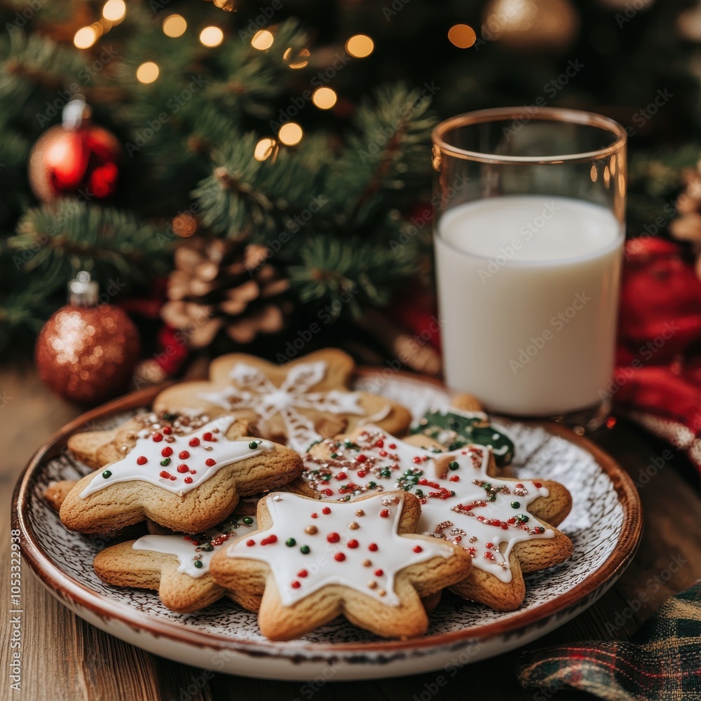 Festive Cookies and Milk on a Christmas Plate Festive Cookies and Milk on a Christmas Plate