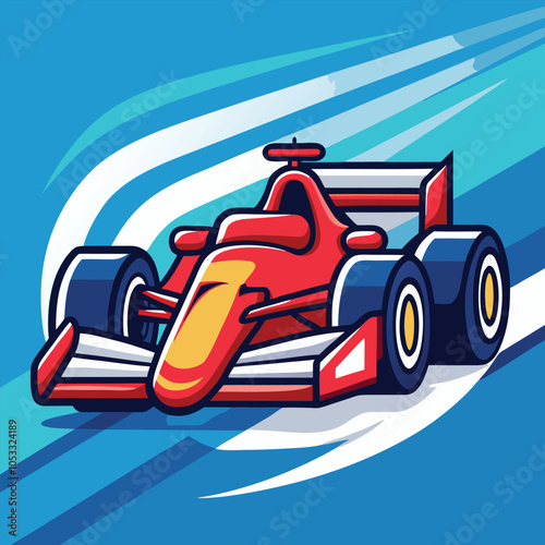 A red race car speeding across a blue and white checkered track.