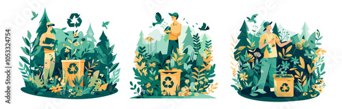 Waste recycling cartoon vector concepts. Man character plants garbage container birds forest flowers nature sorting renewable energy planet protection isolated illustrations