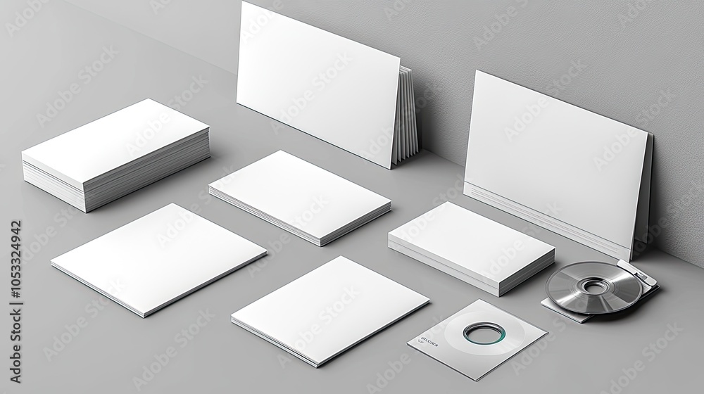 A set of blank brochures, business cards, and a CD on a gray background. A set of blank brochures, business cards, and a CD on a gray background.
