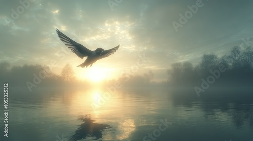 A bird in flight against a misty sunrise over a river, with trees silhouetted in the background.