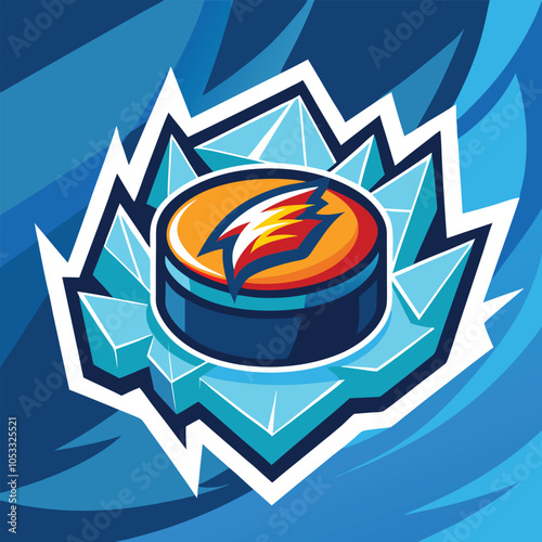 A hockey puck with a fiery logo rests atop a bed of ice, symbolizing the intense heat of competition.