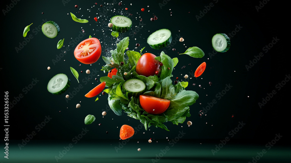 A Symphony of Freshness: Tomatoes, cucumbers, and arugula dance in mid-air, a vibrant burst of color against a dark backdrop. Peppercorns sprinkle like confetti. A Symphony of Freshness: Tomatoes, cucumbers, and arugula dance in mid-air, a vibrant burst of color against a dark backdrop. Peppercorns sprinkle like confetti.