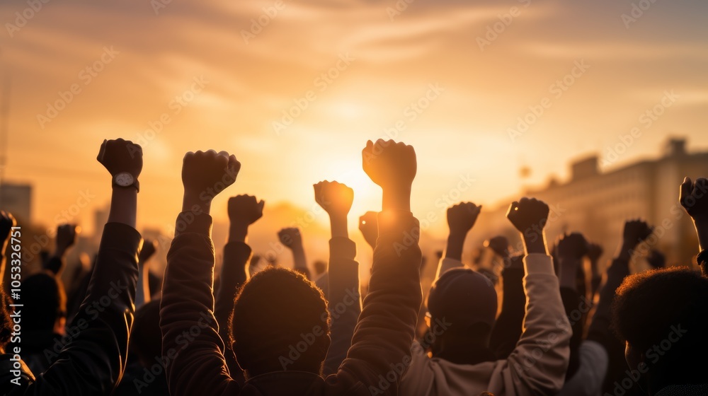 Fototapeta premium Group of people in silhouette participating in a public demonstration or protest, with raised fists and signs against a clear sky.