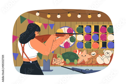 Shooting gallery, game with balloons and toy prizes. Girl playing, aiming at targets for fun, amusement with rifle at carnival fair booth. Flat vector illustration isolated on white background