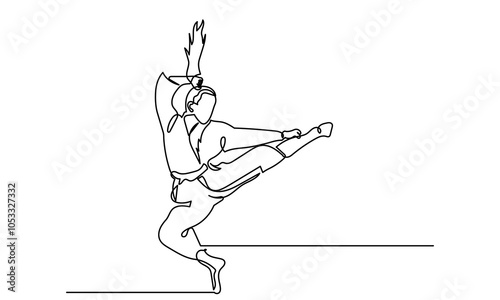 Continuous line drawing of female athletes practicing karate.martial arts training and determination, practicing kicks and jumping.sport, martial arts, combat sports, and active lifestyle concepts. 