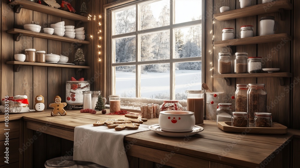 Fototapeta premium A rustic kitchen with holiday decorations, featuring a wooden table set with hot cocoa and gingerbread cookies.
