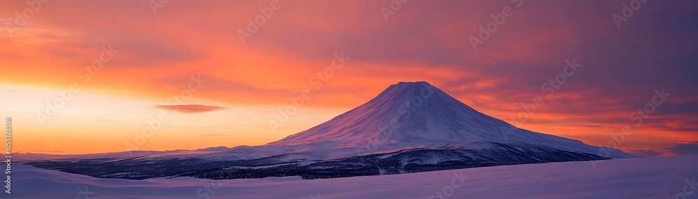 Snow-capped mountain peak against a vibrant sunset sky Snow-capped mountain peak against a vibrant sunset sky