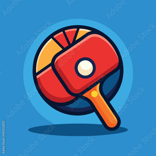 A colorful illustration of a ping pong paddle and ball.
