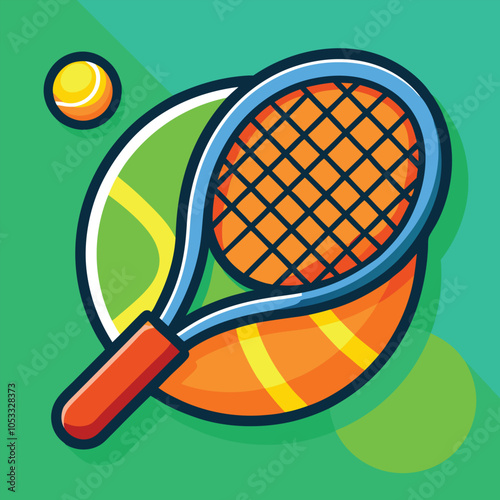 A cartoon illustration of a tennis racket and ball, perfect for sports-themed designs.